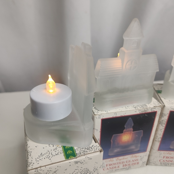 Vintage New England Village Frosted Glass Candle Holders Lot of Three - Picture 8 of 8